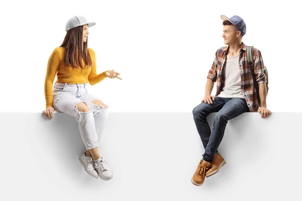 College Students Sitting Panel Having Conversation Isolated White Background — Stock Photo, Image