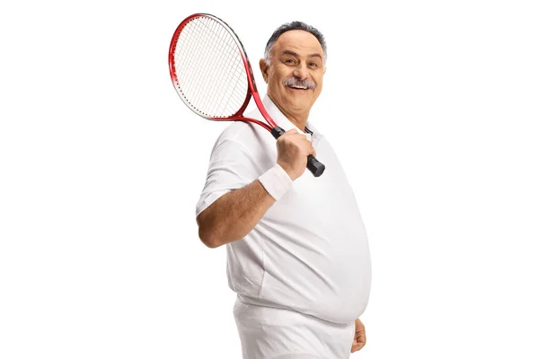 Mature Man Holding Tennis Racquet His Shoulder Smiling Isolated White — Stock Photo, Image
