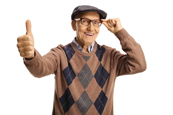 Alegre Anciano Sosteniendo Sus Gafas Haciendo Gestos Con Los Pulgares — Foto de Stock