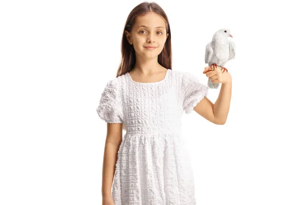 白い背景に隔離された彼女の手に鳩を保持している白いドレスの女の子 — ストック写真