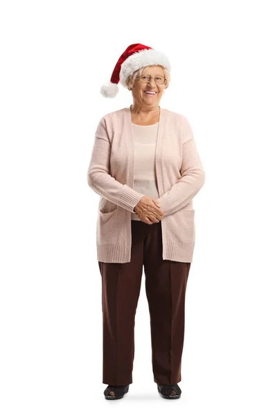 Πλήρες Πορτραίτο Μιας Χαμογελαστής Ηλικιωμένης Γυναίκας Ένα Καπέλο Snata Claus — Φωτογραφία Αρχείου