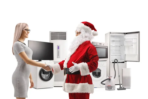 Santa Claus Shaking Hands Woman Electrical Appliances Store Isolated White — Stock Photo, Image