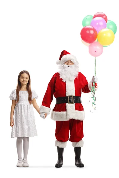 Full Length Portrait Santa Claus Bunch Balloons Holding Hands Girl — Stock Photo, Image