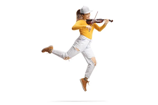 Full Length Shot Modern Female Artist Dancing Playing Violin Isolated — Stock Photo, Image