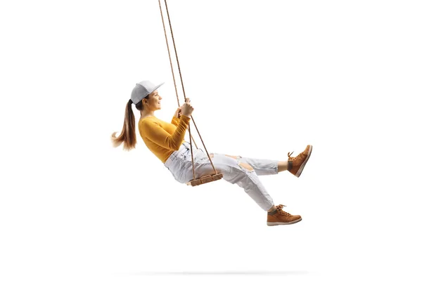 Full Length Profile Shot Young Trendy Female Swinging Wooden Swing — Stock Photo, Image