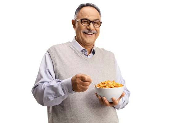 Smiling Mature Man Holding Bowl Cornflakes Isolated White Background — Stock Photo, Image