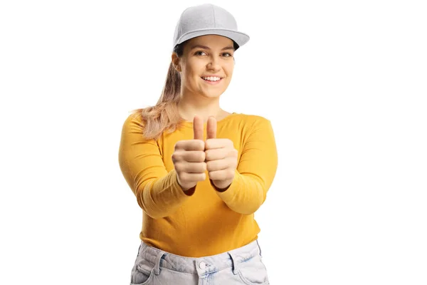 Sarı Bluzlu Şapkalı Neşeli Genç Bir Kadın Eli Beyaz Arka — Stok fotoğraf