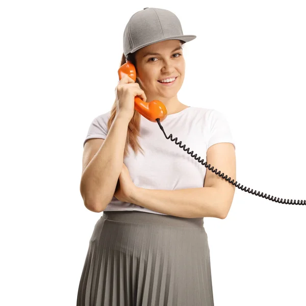 Jeune Femme Avec Vieux Téléphone Cadran Vintage Avec Câble Isolé — Photo