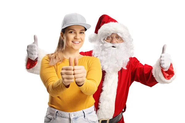 Glada Unga Kvinnliga Gester Tummen Upp Och Santa Claus Står — Stockfoto