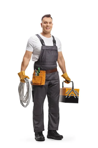 Full Length Portrait Electrician Holding Cables Tool Box Isolated White — Stock Photo, Image