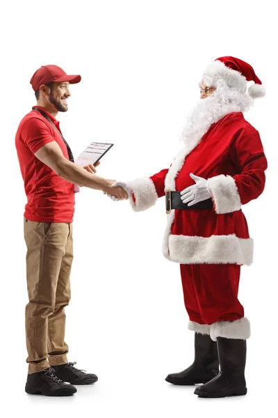Ganzseitige Profilaufnahme Eines Verkaufsleiters Beim Händeschütteln Mit Weihnachtsmann Isoliert Auf — Stockfoto