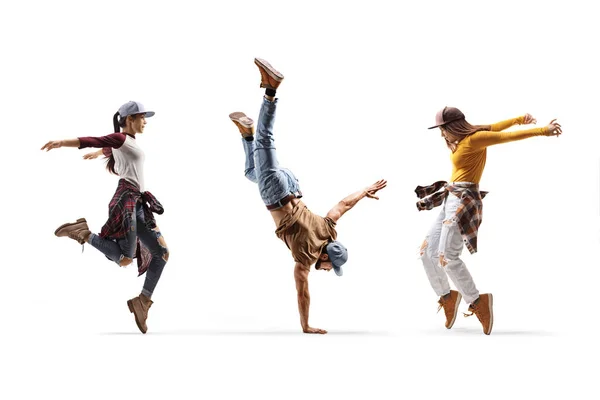 Zwei Tänzerinnen Und Ein Tänzer Führen Einen Handstand Isoliert Auf — Stockfoto