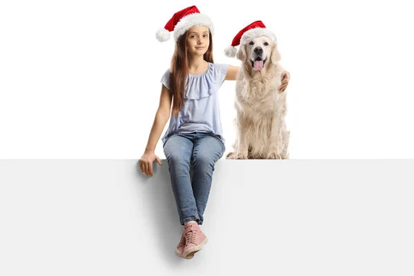 Dziewczyna Przytula Psa Labradora Retrievera Świątecznym Kapeluszu Mikołaja Siedzącego Pustym — Zdjęcie stockowe