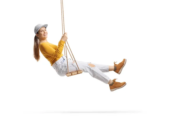 Cheerful Female Teen Swinging Wooden Swing Looking Camera Isolated White — Stock Photo, Image