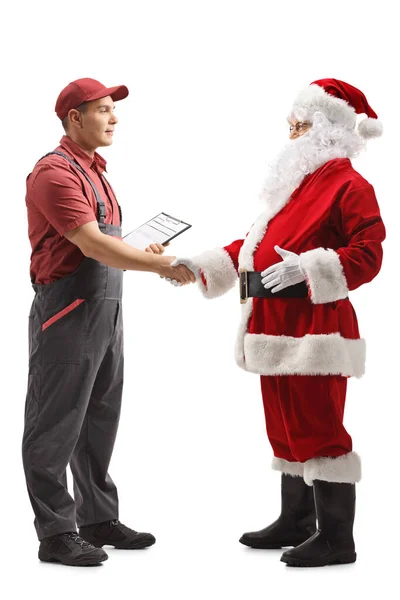 Full Length Profile Shot Mover Shaking Hands Santa Claus Απομονωμένο — Φωτογραφία Αρχείου