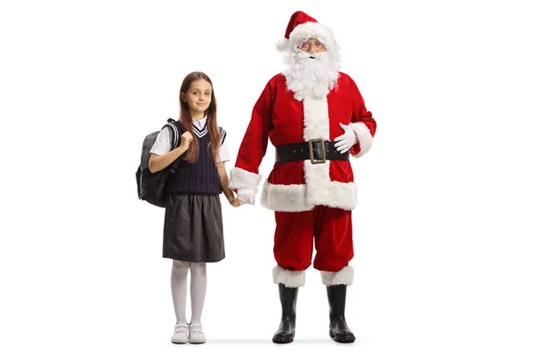 Retrato Completo Santa Claus Cogida Mano Una Niña Uniforme Escolar —  Fotos de Stock