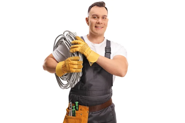 Electrician Carrying Cables His Shoulder Isolated White Background — Stock Photo, Image