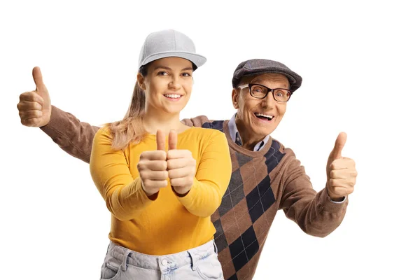 Cheerful Young Female Gesturing Thumbs Happy Elderly Man Standing Isolated — Stock Photo, Image