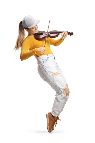 Full Length Shot Cool Female Violinist Playing Violin Isolated White — Stock Photo, Image