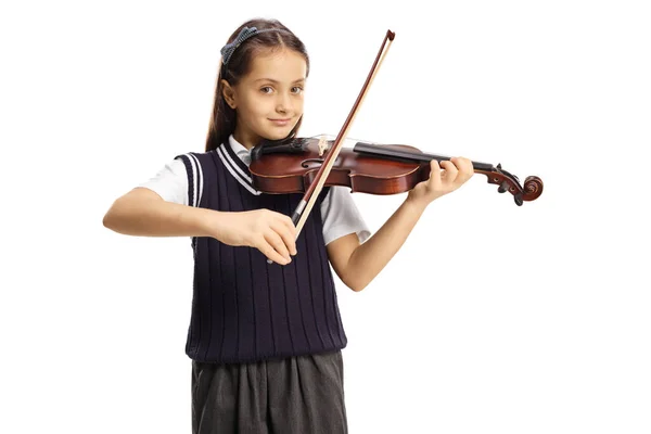穿着校服拉小提琴的女孩 背景是白色的 — 图库照片