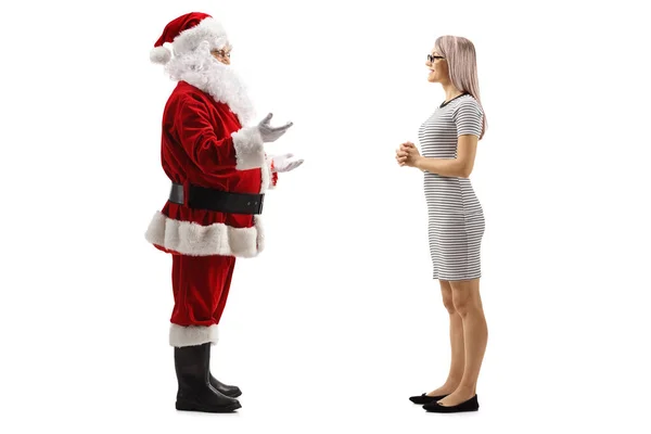 Full Length Profile Shot Young Woman Santa Claus Having Conversation — Zdjęcie stockowe