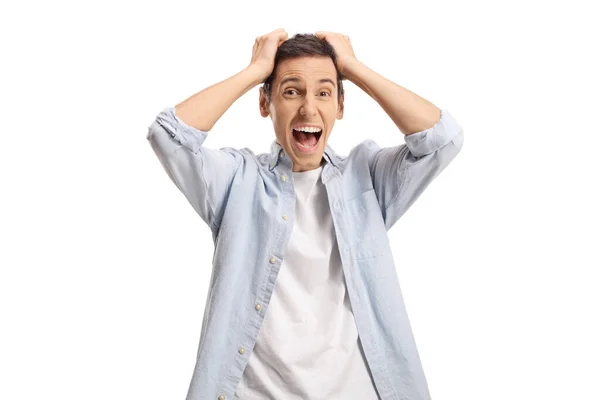 Extremly Happy Casual Young Man Holding His Head Isolated White — Stock Photo, Image