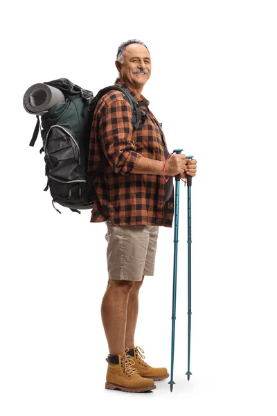 Full Length Shot Smiling Mature Man Backpack Hiking Poles Isolated — Stock Photo, Image