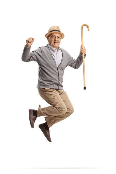 Retrato Completo Anciano Feliz Con Bastón Saltando Aislado Sobre Fondo — Foto de Stock