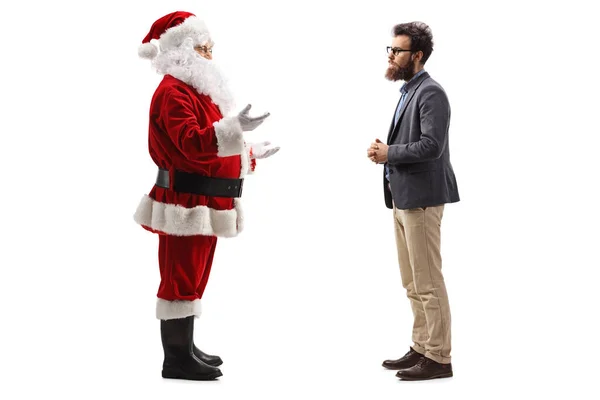 Full Length Profil Záběr Vousatý Muž Santa Claus Rozhovorem Izolované — Stock fotografie