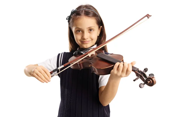 Close Retrato Uma Estudante Tocando Violino Isolado Fundo Branco — Fotografia de Stock