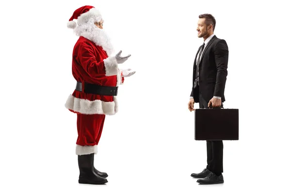 Imagen Perfil Completo Santa Claus Hablando Con Joven Empresario Con — Foto de Stock