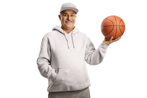 Smiling Mature Man Holding Basketball Isolated White Background — Stock Photo, Image