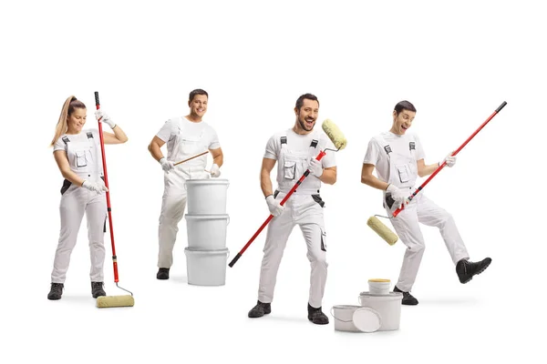 House Painters Acting Music Band Playing Paint Rollers Buckets Isolated — Stock Photo, Image