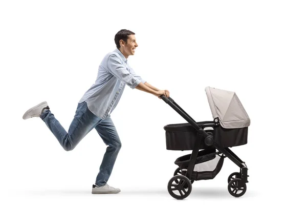 Full Length Profile Shot Cheerful Father Running Pushing Stroller Isolated — Stock Photo, Image