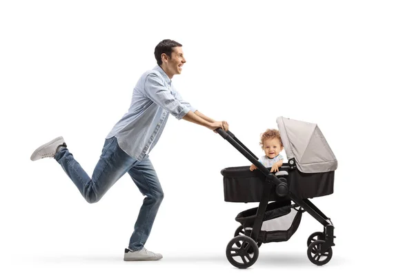 Full Length Profile Shot Cheerful Father Running Pushing Baby Pushchair — Stock Photo, Image