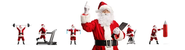 Santa Claus Pointing Standing Front Other Santa Clauses Exercising Ith — Stock Photo, Image