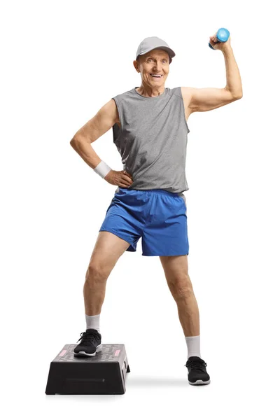 Full Length Portrait Elderly Man Sportswear Exercising Step Aerobic Platform — Stockfoto