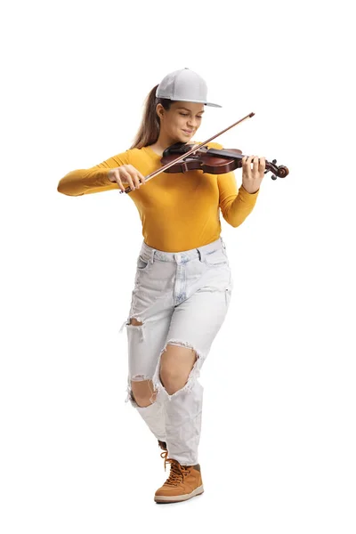 Young Female Violinist Jeans Yellow Top Playing Violin Isolated White — Stock Photo, Image