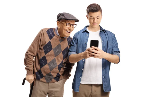 Elderly Man Looking Young Man Typing Mobile Phone Isolated White — Stock Photo, Image