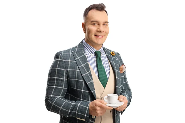 Sonriente Caballero Moda Con Una Taza Café Expreso Aislado Sobre —  Fotos de Stock