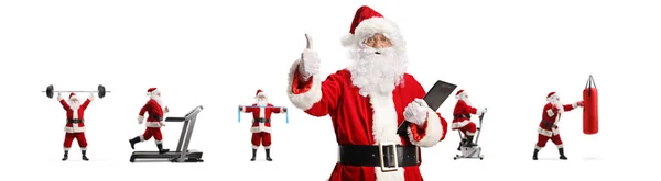 Santa Claus Gesturing Thumbs Standing Front Other Santa Clauses Excessising — Stok Foto