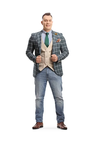 Retrato Comprimento Total Homem Vestindo Terno Elegante Posando Isolado Fundo — Fotografia de Stock