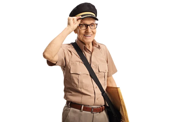 Mature Postman Uniform Carrying Bag Greeting Isolated White Background — Stockfoto