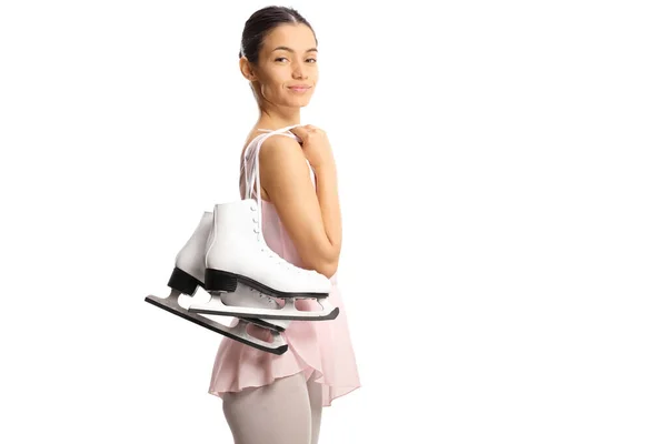 Professional Ice Skater Carrying Ice Skates Her Shoulder Isolated White — Foto Stock