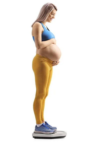 Full Length Shot Pregnant Woman Measuring Scale Isolated White Background — 图库照片
