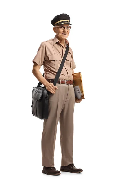 Full Length Shot Mature Mailman Uniform Carrying Bag Letter Isolated — Foto Stock