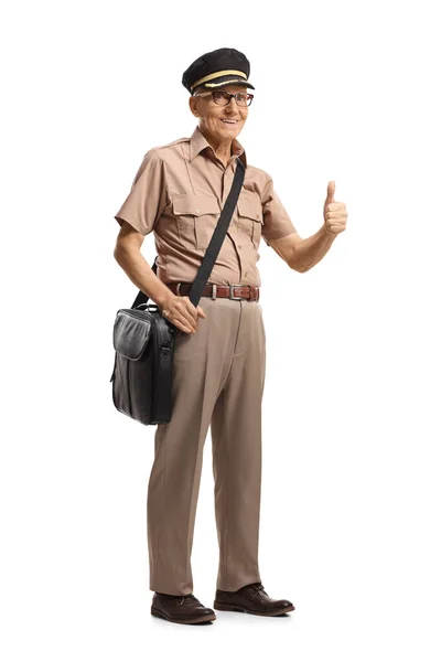Full Length Shot Mature Mailman Uniform Carrying Bag Showing Thumbs — Stock Photo, Image