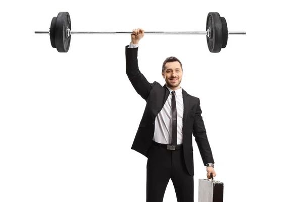 Young Businessman Lifting Weights One Hand Isolated White Background — Stockfoto