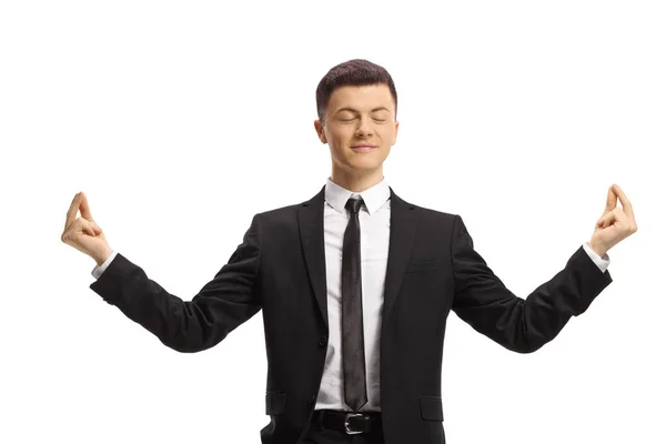 Guy Suit Tie Meditating Isolated White Background — Foto Stock