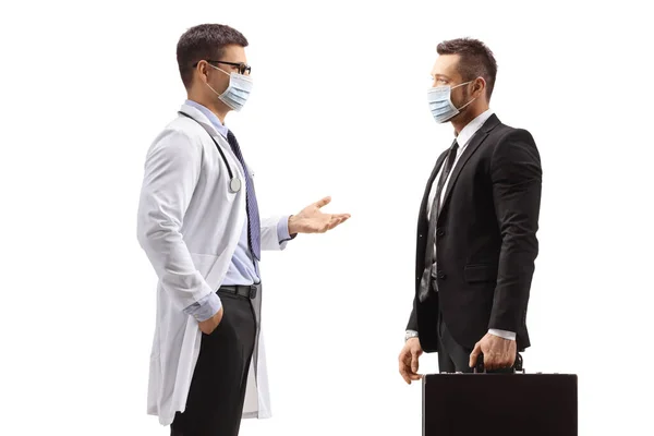 Male Doctor Businessman Medical Face Masks Standing Talking Isolated White — 图库照片